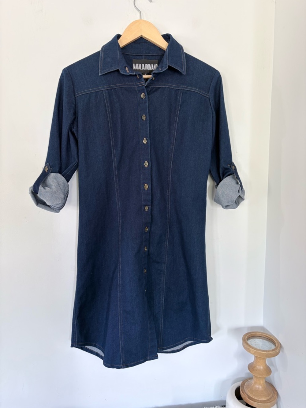 NATALIA ROMANO Sz S Dk Wash Blue Denim Shirt Dress Cotton Spandex Roll Tab LS